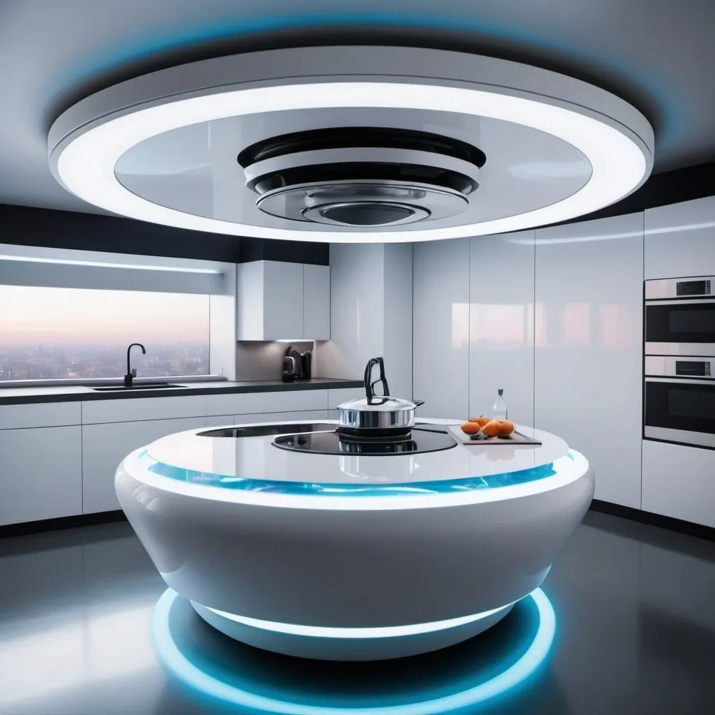 Prompt: Step into a futuristic kitchen of the 22nd century, with a levitating
island, holographic lights, and AI-powered appliances, designed by Zaha
Hadid.
Bed