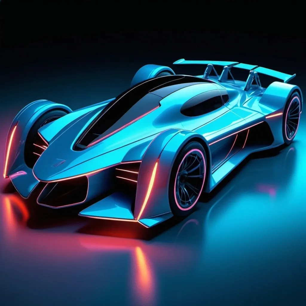 Prompt: Zbrush, Futuristic racing vehicle, sleek and aerodynamic, highangle view, bathed in the glow of neon underlights, color palette of neon blues and silvers, style of Vitaly Bulgarov, intense spotlights, 3D digital art aesthetic, octane render, 4k resolution, sharp details::1.6, highfidelity::1.2, photorealistic rendering::1.5 