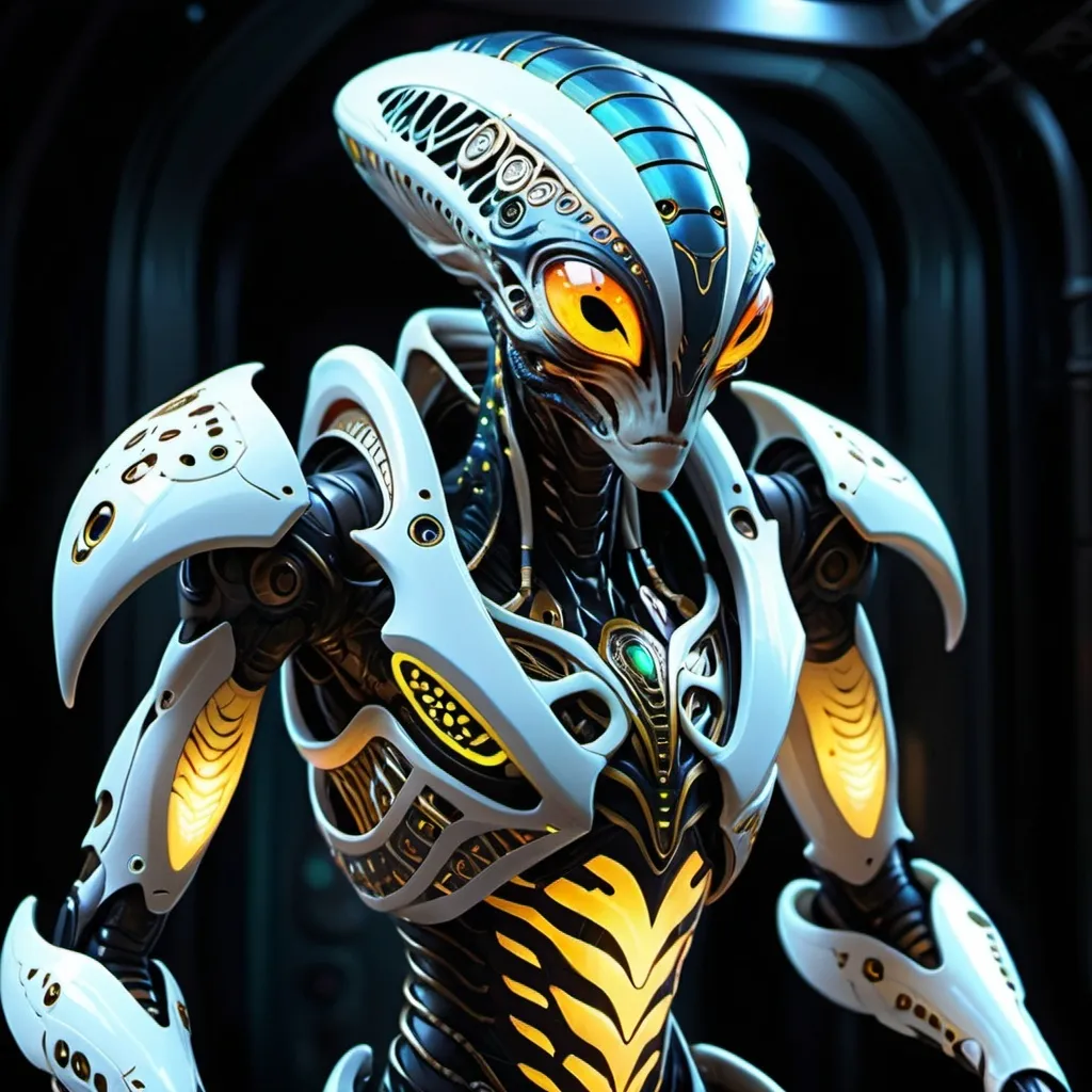 Prompt: An alien species with unique, intricate designs, glowing eyes, and advanced bio-mechanical armor.