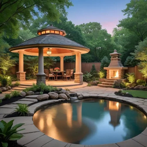 Prompt: A serene backyard nestled amidst lush greenery, with a charming
gazebo as its centerpiece, capturing the essence of nature's embrace.
Featuring a sparkling pool, cascading waterfalls, and ambient lights in the
style of Frank Lloyd Wright.