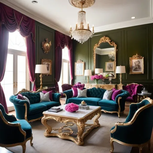 Prompt: (Living Room Description): Welcome to a luxurious and opulent
living room, featuring rich jewel tones and ornate detailing. (Furniture
Description): The room is furnished with a velvet tufted sofa, a gilded
coffee table, and a pair of regal wingback chairs. (Famous Interior
Designer Style): Embracing the grandeur of classic European design, this
living room channels the essence of Dorothy Draper's glamorous touch.