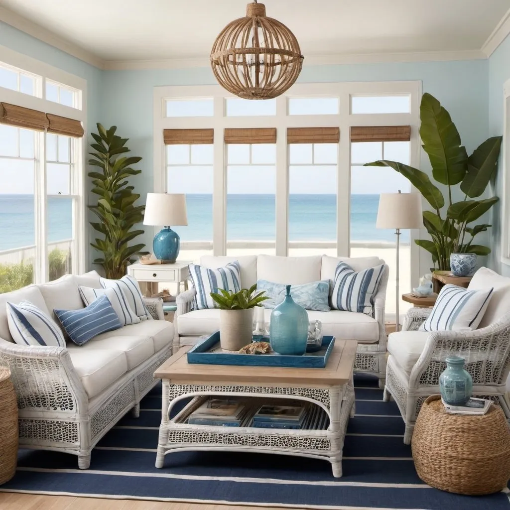 Prompt: (Living Room Description): Step into a serene coastal living room,
with shades of blue and sea-inspired decor. (Furniture Description): You'll
find a white-washed rattan sofa, a driftwood coffee table, and nautical
striped accent chairs. (Famous Interior Designer Style): Influenced by the
coastal elegance of Nate Berkus, this living room radiates relaxed
beachside vibes.
2.