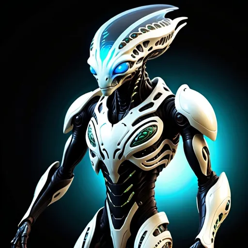 Prompt: An alien species with unique, intricate designs, glowing eyes, and advanced bio-mechanical armor.