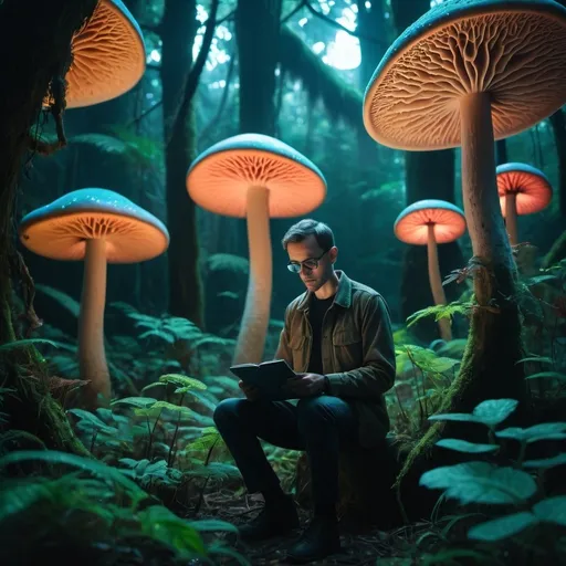 Prompt: Film still aesthetic, extraterrestrial biologist, studying alien flora, vibrant bioluminescent color palette, shot on Fujifilm XT4, XF 1655mm F2.8 R LM WR lens, style of Paul Chadeisson, 3D cyberpunk style, in a bioengineered jungle, bathed in soft moonlight, style of Ian Spriggs, amidst towering mushroom trees, under a sky of floating spores, intricate textures 