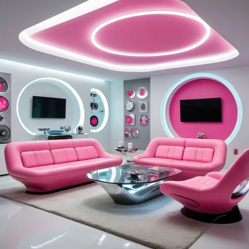 Prompt: Enter a futuristic and space-inspired
living room, with cutting-edge designs and metallic accents. The room features a modular sectional with built-in LED lighting, a glass and metal coffee table, and levitating chairs. (Famous
 Embracing the innovative vision of Karim Rashid,
this living room takes you on a journey to the future with its avant-garde
designs.