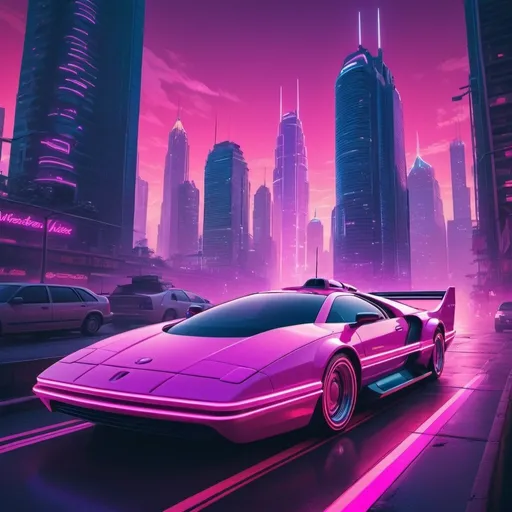 Prompt: Retro Wave style::1.4, a hovercar detailed with neon strips, hovering amidst towering skyscrapers, in the style of James White::1.7, under the radiant glow of the city's neon lights, drenched in a vibrant palette of pinks and purples, captured in a highangle shot 