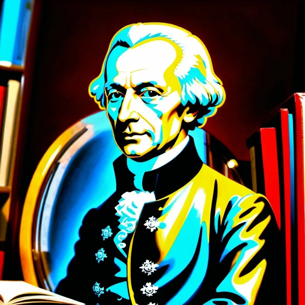 Prompt: Distinguished philosopher promoting reason and enlightenment, historical, philosophy, enlightenment, high-quality, photorealistic, bookshelf, Immanuel Kant, moral philosophy, --ar 4:3
