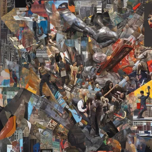 Prompt: A photorealistic image of a dynamic and vibrant arts collage featuring diverse students passionately engaging in various art forms—painting, sculpture, film, and digital media. The backdrop showcases layers and business people running around in a futuristic, bustling city symbolizing the dynamic job market.