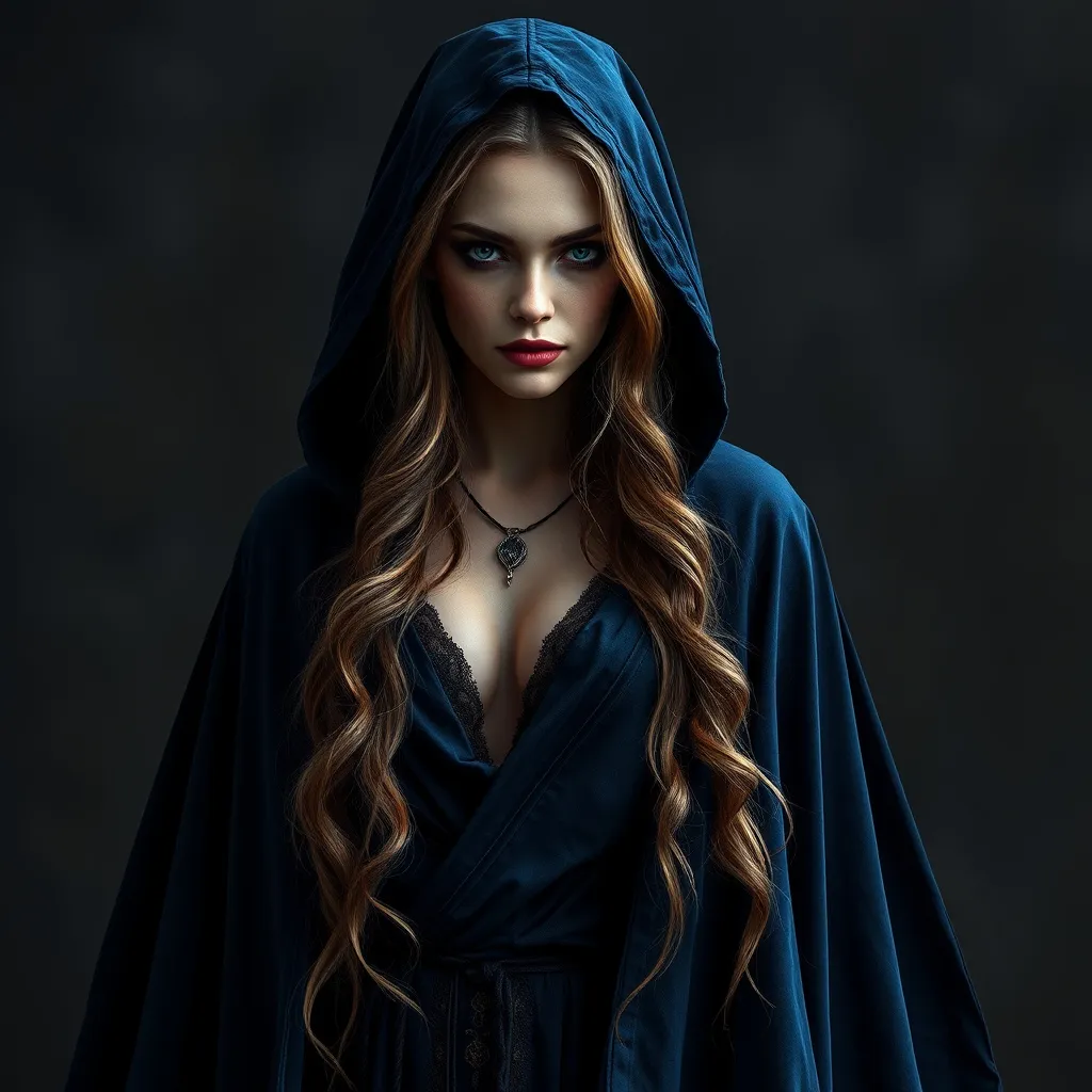 Prompt: A vampire standing beatiful woman,hyper-realistic face,gothic blue robe, she is walking