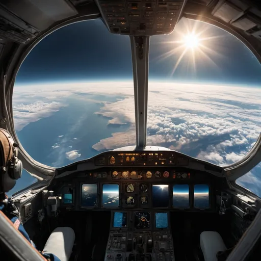 Prompt: a view of the earth from inside a plane cockpit with the sun shining through the clouds and the earth in the distance, Filip Hodas, space art, award - winning photography, a detailed matte painting