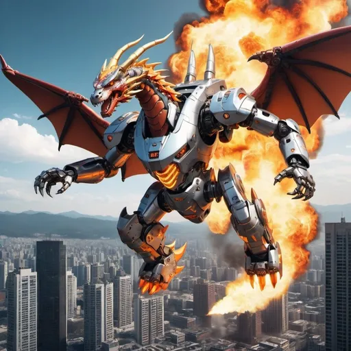 Prompt: a mecha suit dragon robot flying in the sky and attacking the city below with fire