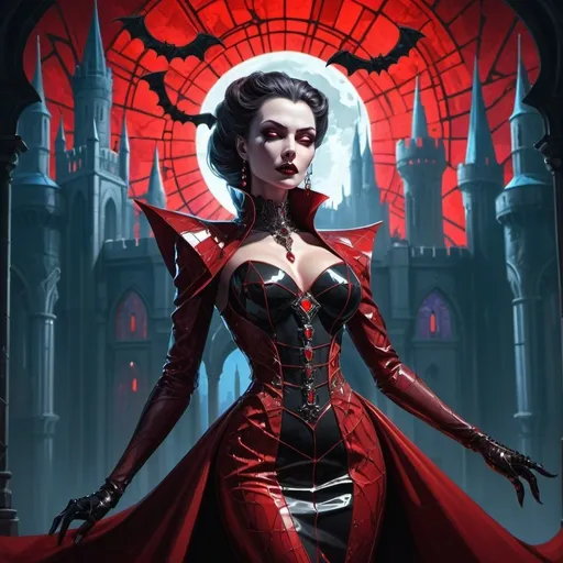 Prompt: A beautiful vampire resembling Countess Dracula with fangs resembling cybernetic implants, glaring fiercely in a dynamic pose, wearing an elegant gown as intricate as stained glass in red, 8k resolution concept art with dynamic lighting Splash, with a castle in the background, with bats flying around the castle, her eyes glowing with an otherworldly light, and the moonlight casting dramatic shadows, in a cyberpunk style, with futuristic skyscrapers behind the castle