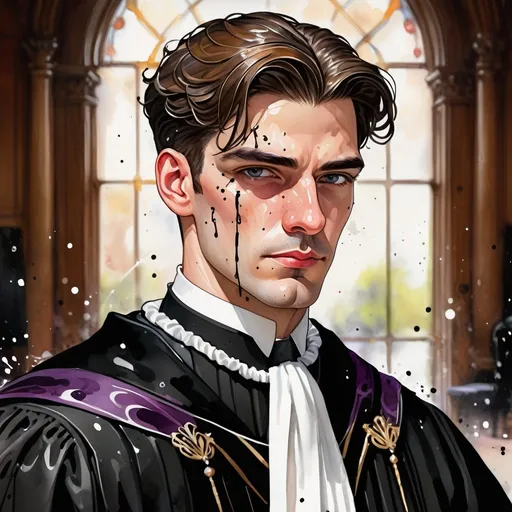 Prompt: Handsome barrister in black court robes with white court bib, digital watercolor painting, bold and expressive brush strokes, art nouveau, paint splatter, detailed facial features, professional attire, high quality, digital watercolor, art nouveau, bold brush strokes, detailed facial features, splatter effect, professional attire, regal, sophisticated lighting