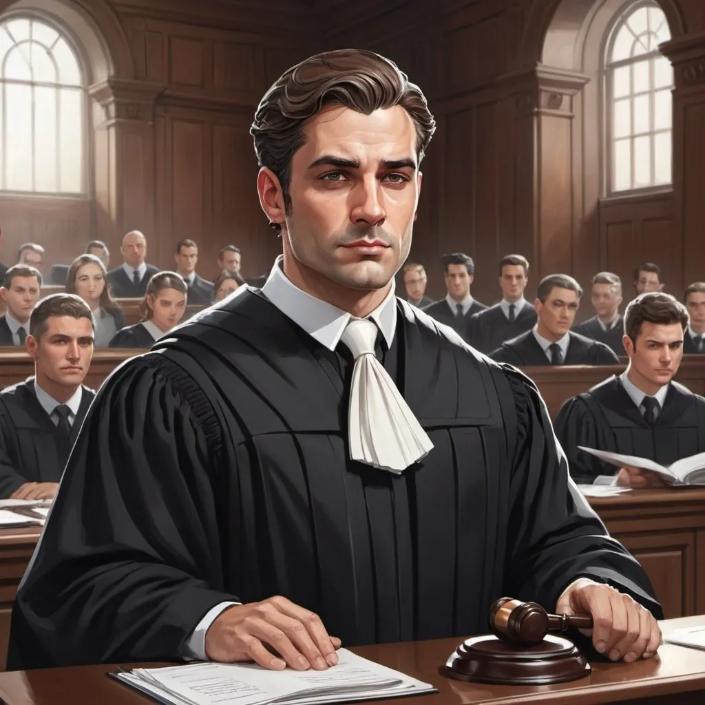 Prompt: Character design sheet  of a Handsome barrister in black court robes with a white court bib,  detailed facial features, professional attire, regal, sophisticated, in a courtroom filled with his colleagues in the background.
