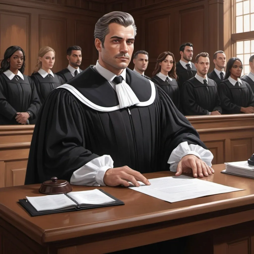 Prompt: Character design sheet  of a Handsome barrister in black court robes with a white court bib,  detailed facial features, professional attire, regal, sophisticated, in a courtroom filled with his colleagues in the background.