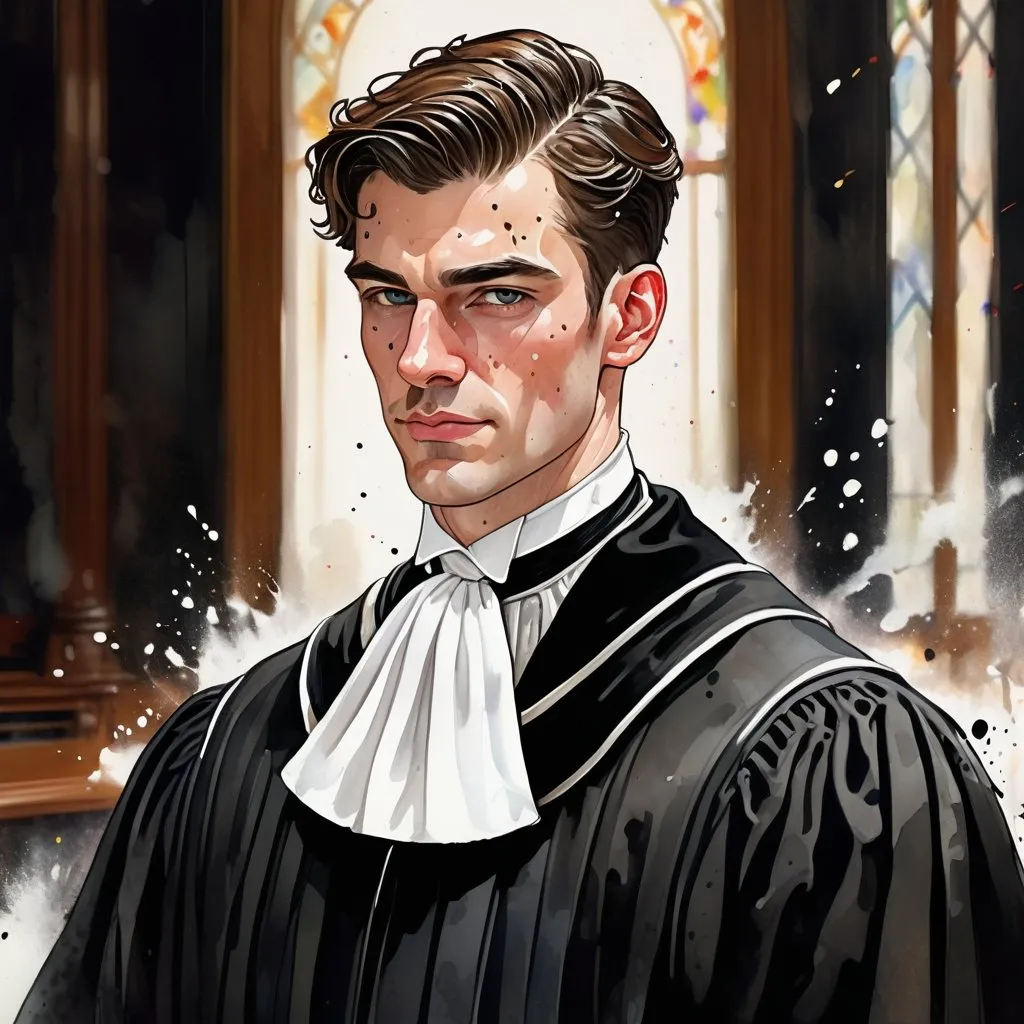 Prompt: Handsome barrister in black court robes with white court bib, digital watercolor painting, bold and expressive brush strokes, art nouveau, paint splatter, detailed facial features, professional attire, high quality, digital watercolor, art nouveau, bold brush strokes, detailed facial features, professional attire, regal, sophisticated lighting