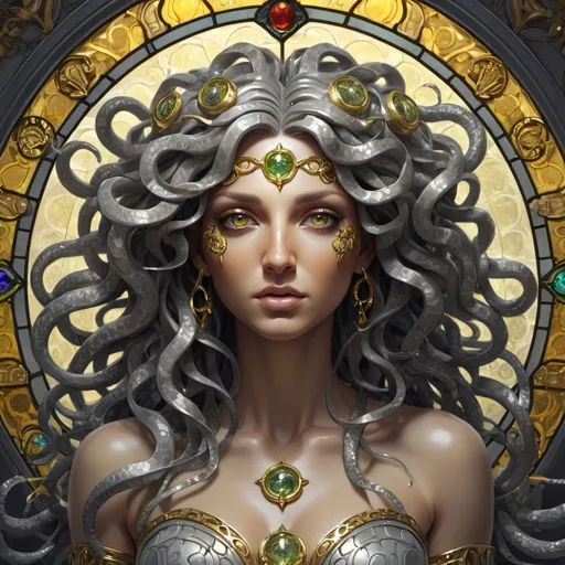 Prompt: 
"gorgeous Medusa", "resembling stained glass", "intricately detailed", "8k resolution", "concept art", "Splash art", "Greg Rutkowski "in silver and gold", "angelic".

