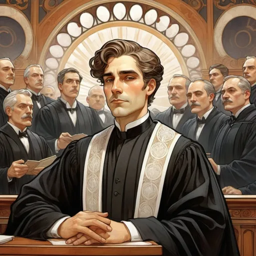 Prompt: Alphonse Mucha Style, art nouveau illustration of a Handsome barrister in black court robes"" with a "white court bib,"  detailed facial features, professional attire, regal, in a courtroom filled with his colleagues in the background thick lines, intricate details, beautiful colours