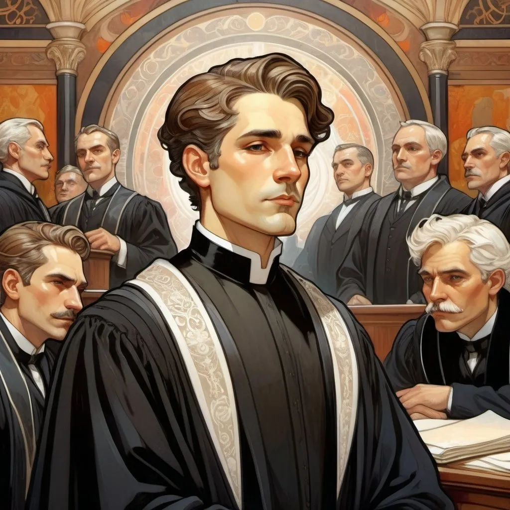 Prompt: Alphonse Mucha Style, art nouveau illustration of a Handsome barrister in black court robes"" with a "white court bib,"  detailed facial features, professional attire, regal, in a courtroom filled with his colleagues in the background thick lines, intricate details, beautiful colours
