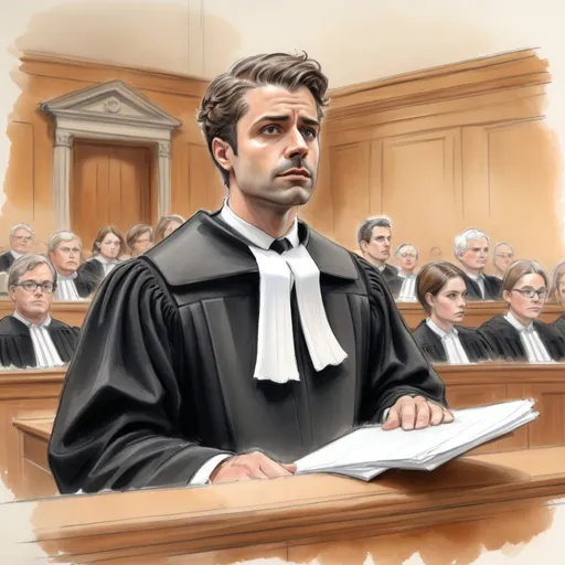 Prompt: Rough, Colourful pastel sketch drawing of a handsome barrister wearing his "black court robes" and his "white court bib" advocating for justice in front of an entire courtroom