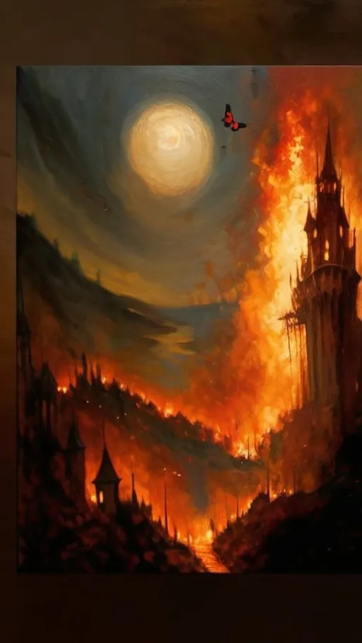 Prompt: Bird’s eye right horizon wide-angle landscape renaissance Oil paint windsor castle on fire at night depicting hell da Vinci style butterflies in air on fire blurry faint blonde haired angel looking like Princess Diana high in sky 