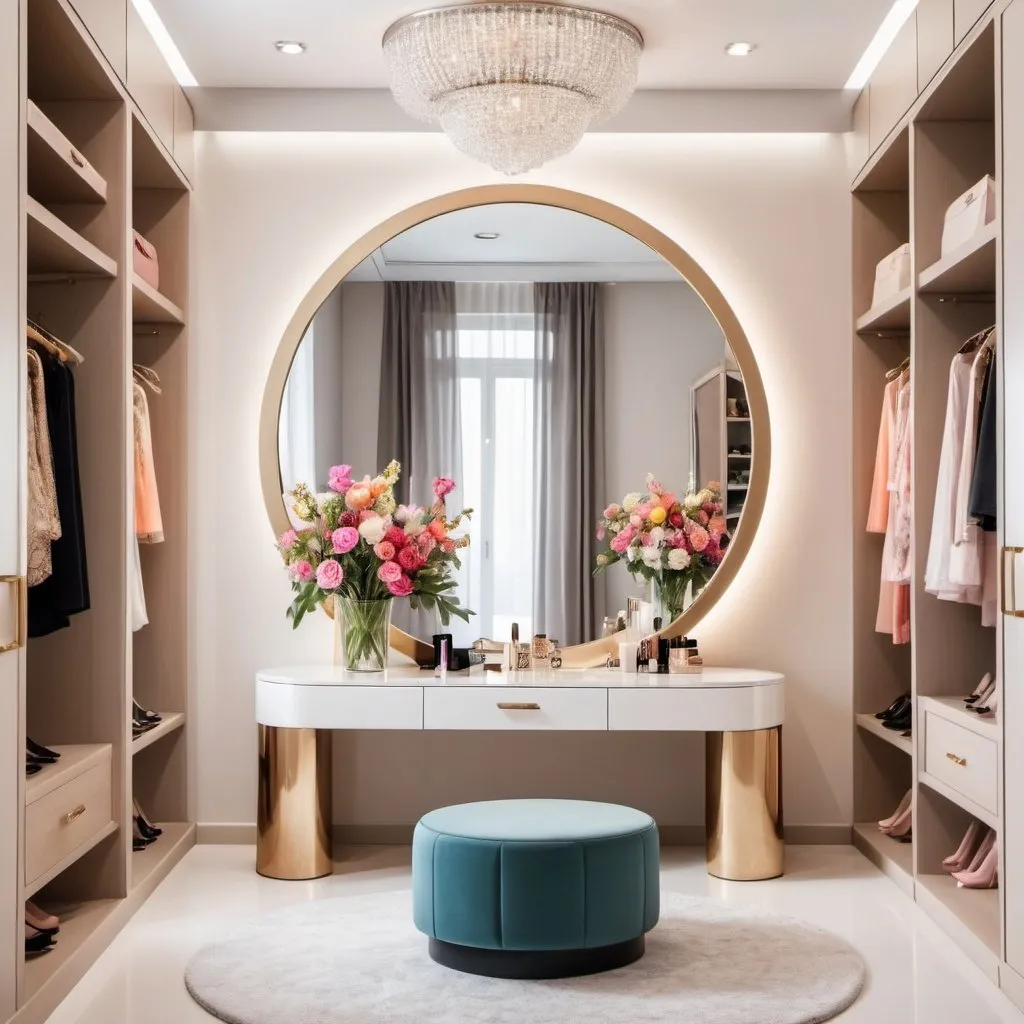 Prompt: Luxurious female closet with summer wardrobe, modern design, high-end heels, designer bags, detail-oriented, spacious, natural light, window, colorful clothes, natural flowers, high-quality, minimalistic design, luxurious, modern, spacious, bright, detailed accessories, natural lighting, beautiful round vanity make up table, large mirror, arches 