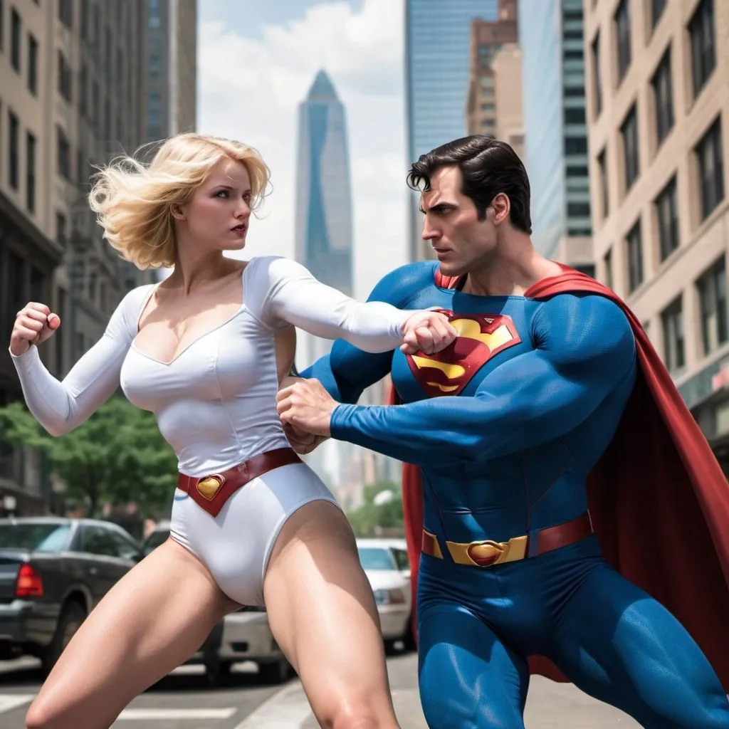 Prompt: POWER GIRL FIGHTING SUPERMAN IN THE CITY