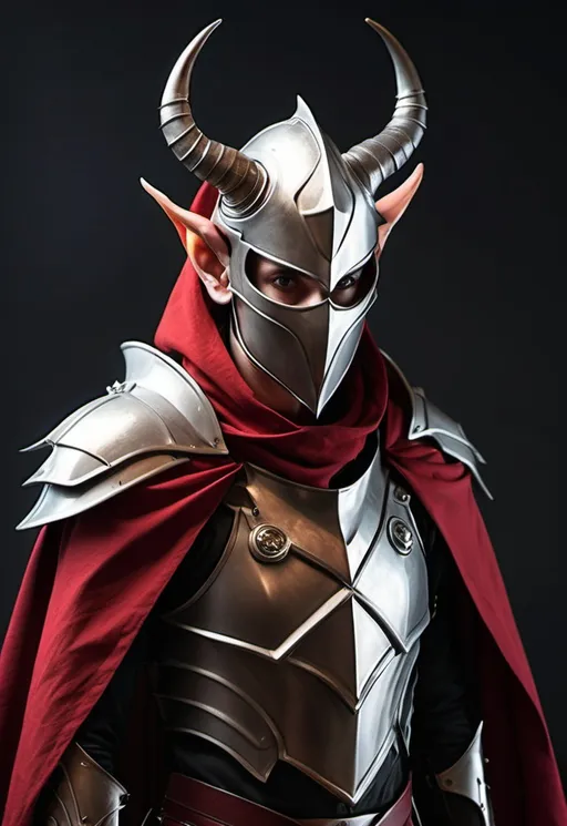 Prompt: Sci-fi elven Knight with horns and shoulder cape in crimson wearing helmet with face mask 