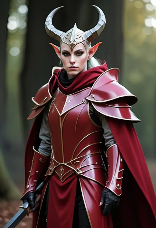 Prompt: Sci-fi elven Knight with horns and shoulder cape in crimson 