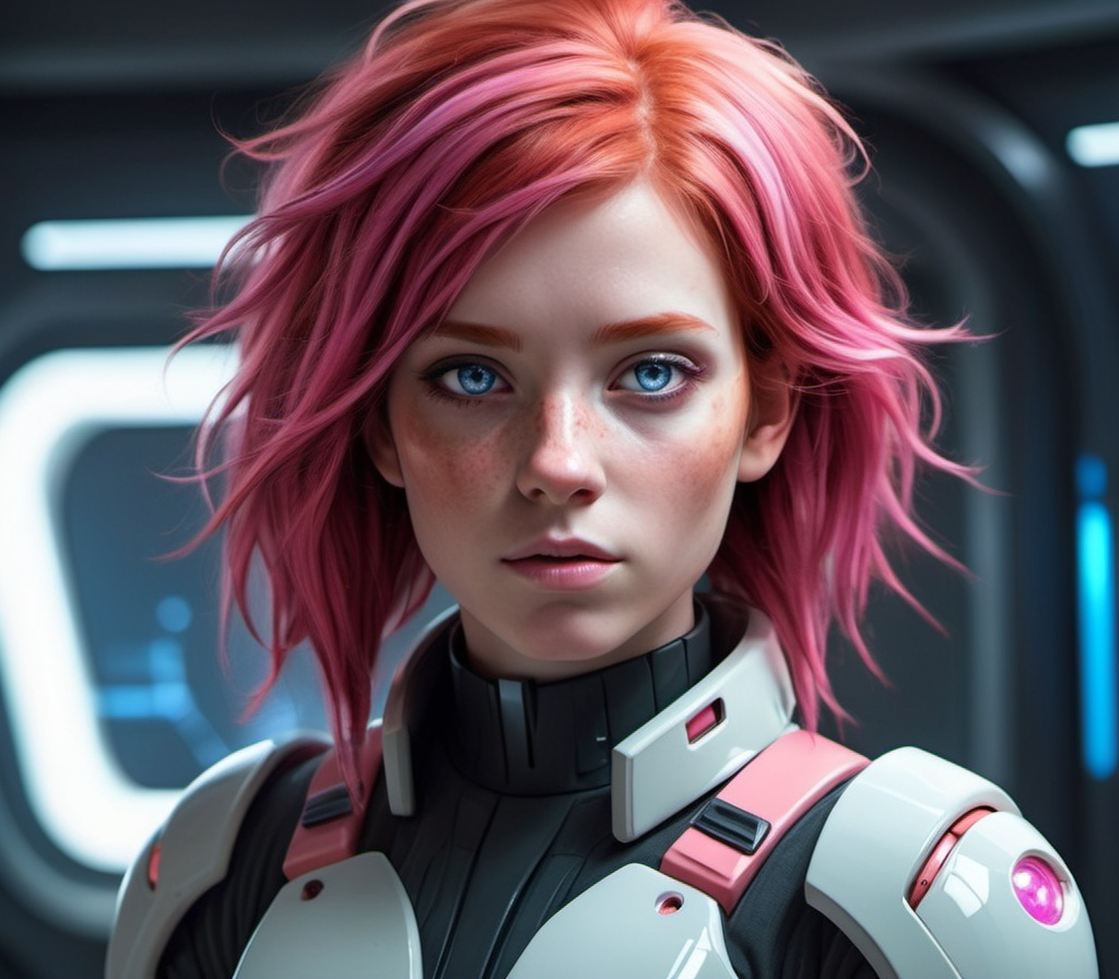 Prompt: Sci-fi Female Protagonist with red hair with pink highlights and sapphire eyes 