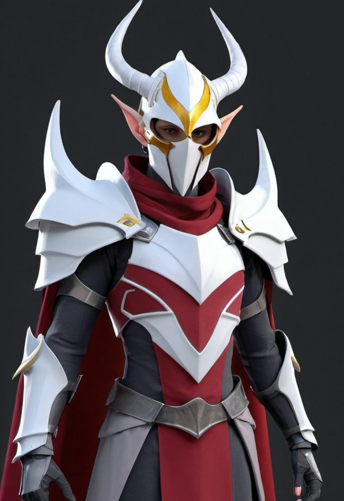 Prompt: Sci-fi elven Knight with horns and shoulder cape in crimson wearing helmet with face mask 
