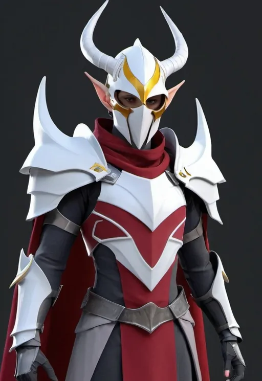 Prompt: Sci-fi elven Knight with horns and shoulder cape in crimson wearing helmet with face mask 