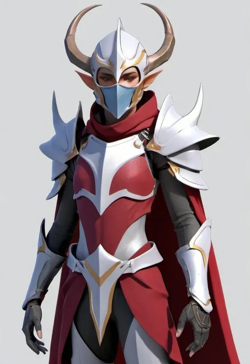 Prompt: Sci-fi elven Knight with horns and shoulder cape in crimson wearing helmet with face mask 