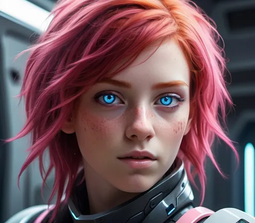 Prompt: Sci-fi Female Protagonist with red hair with pink highlights and sapphire eyes 