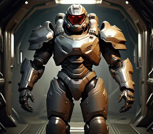 Prompt: Epic Sci-fi Knight Protagonist in doom power armor 