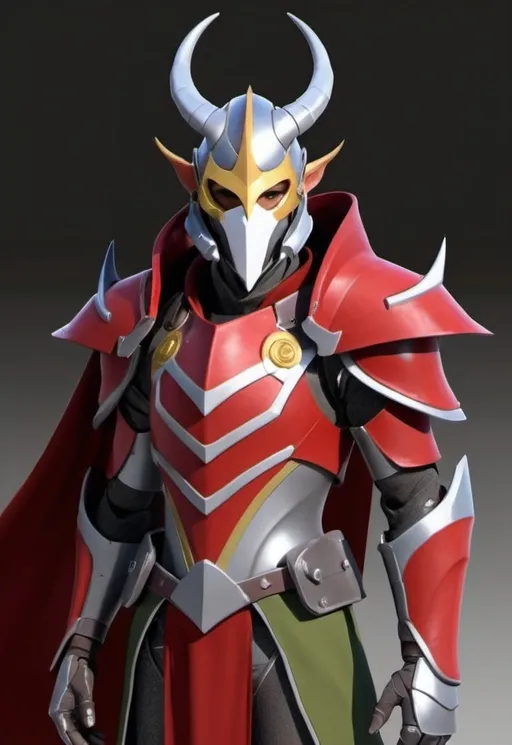 Prompt: Sci-fi elven Knight with horns and shoulder cape in crimson wearing helmet with face mask in power armor 