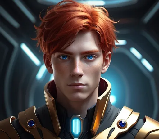 Prompt: Sci-fi male Protagonist with red hair with gold highlights and sapphire eyes 