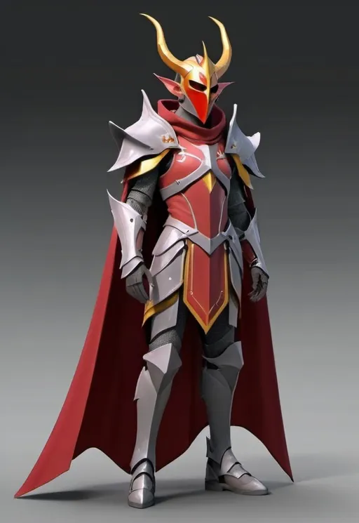Prompt: Sci-fi elven Knight with horns and shoulder cape in crimson wearing helmet with face mask 