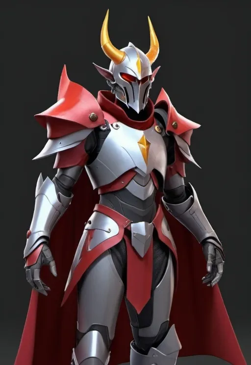 Prompt: Sci-fi elven Knight with horns and shoulder cape in crimson wearing helmet with face mask in power armor 