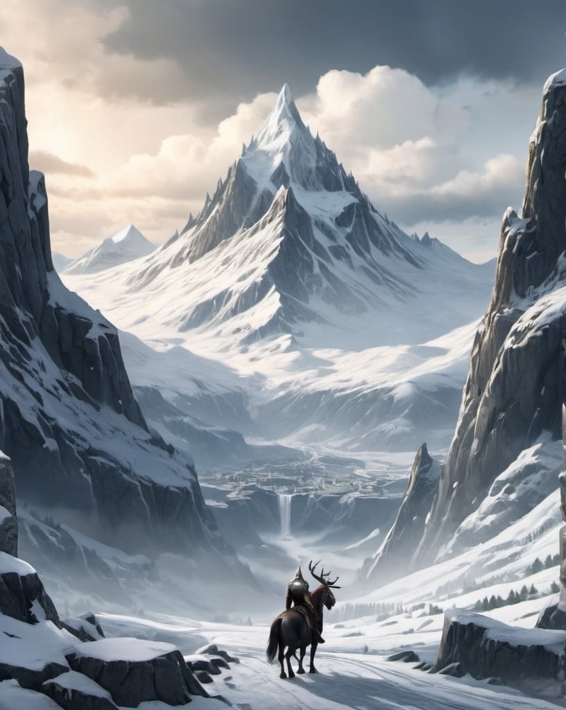 Prompt: Norse mythology kingdom with a snowy mountain range in the background