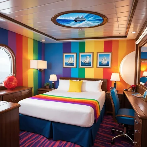 Prompt: LGBTQ cruise ship themed room