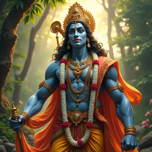 Prompt: Lord Rama, (majestic), vibrant colors, intricate details, divine imagery, serene expression, mythological scene, ornate garments, cultural significance, (traditional Indian art style), surrounded by lush greenery, (spiritual ambiance), warm light illuminating, HD, highly detailed.