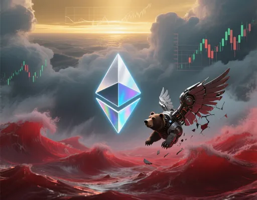 Prompt: A surreal digital artwork symbolizing Ethereum’s current bearish trend — the Ethereum symbol glowing faintly amid a stormy sea of red waves, representing market downturn. Broken mechanical wings float beside it, symbolizing failed rallies. Above the storm, a faint golden horizon glows, representing hope and patience. Charts and candle lines subtly appear in the clouds. The Ethereum logo is clearly visible, stylized in iridescent silver blue, centered. The scene conveys analytical precision, caution, and resilience through metaphor.”