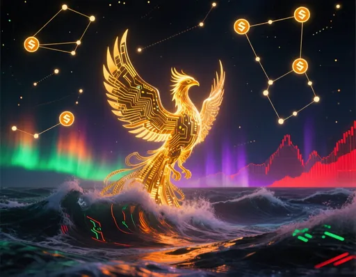 Prompt: A radiant phoenix made of golden circuitry rises over turbulent digital ocean waves under a night sky filled with geometric constellations, each constellation glowing with the Solana (SOL) logo. The phoenix symbolizes revival and resilience through market volatility, the waves represent fluctuating price levels, and the constellations symbolize multi-timeframe signals aligning across the horizon. Layers of colored auroras reflect subtle greens, oranges, purples, and reds corresponding to moving average ribbons, illuminating the scene with calm energy. The overall aesthetic is futuristic, metaphorical, and cinematic, framed in a high-contrast, detailed digital artwork style.