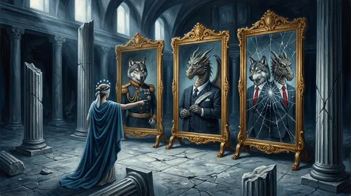 Prompt: A grand hall of justice with marble floors and broken columns. Three tall ornate mirrors stand in a row. The first reflects a wolf in military regalia. The second reflects a dragon in a bureaucrat's suit. The third mirror is cracked — and reflects the same wolf and dragon, but wearing a business suit and a red tie, the reflection distorted but unmistakable. In the foreground, a blindfolded figure representing Europe points accusingly at the first two mirrors while standing with her back turned to the third. Wide shot, surrealist oil painting style, somber and urgent mood, dramatic chiaroscuro lighting, deep blue and grey tones with sharp gold accents.