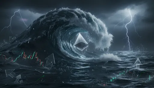 Prompt: “A colossal, dark tsunami wave surges across a stormy ocean, towering over a series of crumbling digital candlestick charts and shattered price graphs beneath. At the heart of the wave, the glowing Ethereum logo (a silver 3D diamond) is engulfed and pulled downward, symbolizing overwhelming downward market force. Lightning cracks across the murky sky, illuminating the scene with cold blue and purple tones, suggesting macroeconomic chaos. Floating in the dark sea are the broken pieces of bullish symbols, overtaken by powerful bearish currents. Add subtle blockchain patterns within the wave for additional symbolism. Hyper-realistic, high contrast, cinematic lighting.