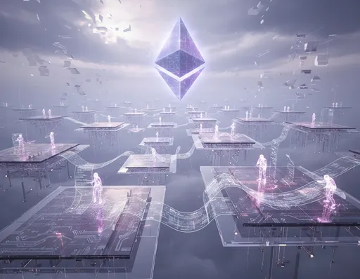 Prompt: Create a detailed symbolic digital painting representing Ethereum as an endless construction site in the sky. Floating platforms made of glass and code are connected by glowing bridges that form the Ethereum diamond symbol in the distance. Engineers made of light and energy work tirelessly with blueprints of circuits and code scrolls, building new layers upon older ones — symbolizing upgrades and scalability. Some platforms appear weathered and cracked, suggesting long-term strain, while others glow with renewal, showing progress and resilience. The atmosphere is hazy but hopeful, with rays of soft violet and silver light breaking through stormy digital clouds. Tone: intelligent, self-reflective, and futuristic — portraying a system evolving under the weight of its own vision.