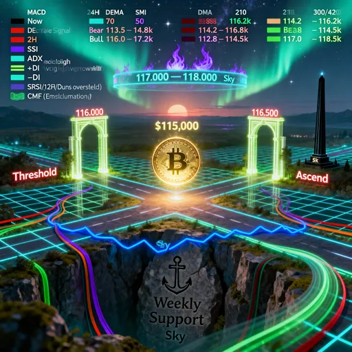 Prompt: Visualize a surreal cyberpunk crossroads where a luminous Bitcoin hovers at $115,000 above a neon grid, signaling a market pivot between shadow and sunrise. Mark glowing gates at 116,000 ‘Threshold’ and 116,500 ‘Ascend,’ with a celestial band labeled 117,000–118,000 ‘Sky’ and an anchoring rune at 113,588 ‘Weekly Support’ etched into bedrock. Wrap the scene with four DEMA ribbons—red 70, orange 140, green 210, purple 300/420—while the blue price path weaves beneath most ribbons yet balances atop the weekly ledge. Summon indicator spirits: MACD (black crest over red signal rising on 2H), RSI (purple flame above 50), DMI (black ADX obelisk high as green +DI converges with red −DI), SRSI (12H/1D dunes oversold), CMF (emerald stream of accumulation). From ‘Now’ emanate probability auroras: 24H base teal to 116.2k, bear crimson 113.5–114.8k, bull light‑green 116.0–117.2k. Extend to 48H with deeper teal base 114.2–116.8k, dark‑red bear 112.8–114.5k, bright‑green bull 117.0–118.5k, each arc semi‑transparent and layered like Northern Lights. Keep typography minimal, atmosphere tense‑but‑hopeful, and indicator colors faithful to trading standards