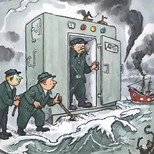 Prompt: A dark satirical illustration in the style of a 1930s editorial cartoon. A massive open refrigerator labeled "Arctic Circle" dominates the frame, its door swinging wide. Cartoonishly exaggerated cold air billows out in thick white clouds shaped like grasping hands, sweeping across a map of Northern Europe. Tiny figures — labeled businessmen and government officials — are seen pushing the door further open with crowbars. Baltic Sea fishing boats capsize in the foreground. The sky shifts from cold blue above to stormy grey-green below. High contrast ink shading, cross-hatching, monochromatic with selective icy-blue highlights. Mood: darkly comic, critical. Medium shot, centered composition with symmetrical irony.