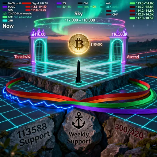 Prompt: Visualize a surreal cyberpunk crossroads where a luminous Bitcoin hovers at $115,000 above a neon grid, signaling a market pivot between shadow and sunrise. Mark glowing gates at 116,000 ‘Threshold’ and 116,500 ‘Ascend,’ with a celestial band labeled 117,000–118,000 ‘Sky’ and an anchoring rune at 113,588 ‘Weekly Support’ etched into bedrock. Wrap the scene with four DEMA ribbons—red 70, orange 140, green 210, purple 300/420—while the blue price path weaves beneath most ribbons yet balances atop the weekly ledge. Summon indicator spirits: MACD (black crest over red signal rising on 2H), RSI (purple flame above 50), DMI (black ADX obelisk high as green +DI converges with red −DI), SRSI (12H/1D dunes oversold), CMF (emerald stream of accumulation). From ‘Now’ emanate probability auroras: 24H base teal to 116.2k, bear crimson 113.5–114.8k, bull light‑green 116.0–117.2k. Extend to 48H with deeper teal base 114.2–116.8k, dark‑red bear 112.8–114.5k, bright‑green bull 117.0–118.5k, each arc semi‑transparent and layered like Northern Lights. Keep typography minimal, atmosphere tense‑but‑hopeful, and indicator colors faithful to trading standards
